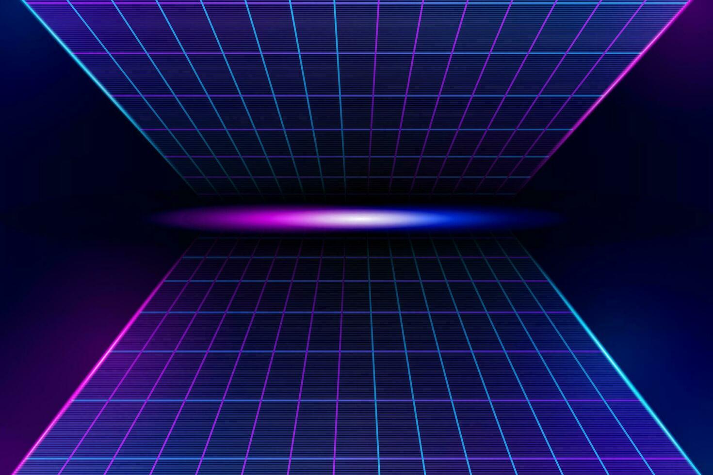 Retro neon grid landscape background. Abstract futuristic digital 80s style with laser and flare vector