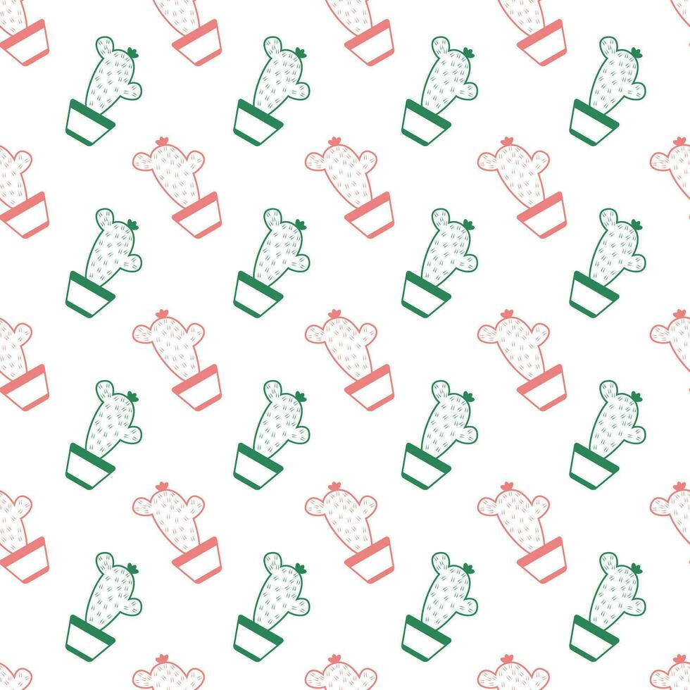Pink and green potted cactus doodle seamless pattern on white background vector