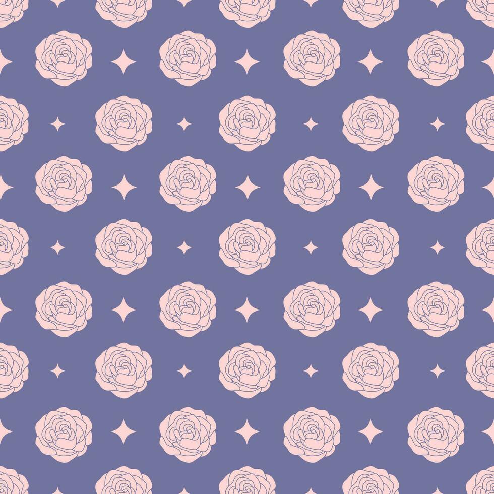 Seamless pattern with roses and sparkling stars on the purple background vector
