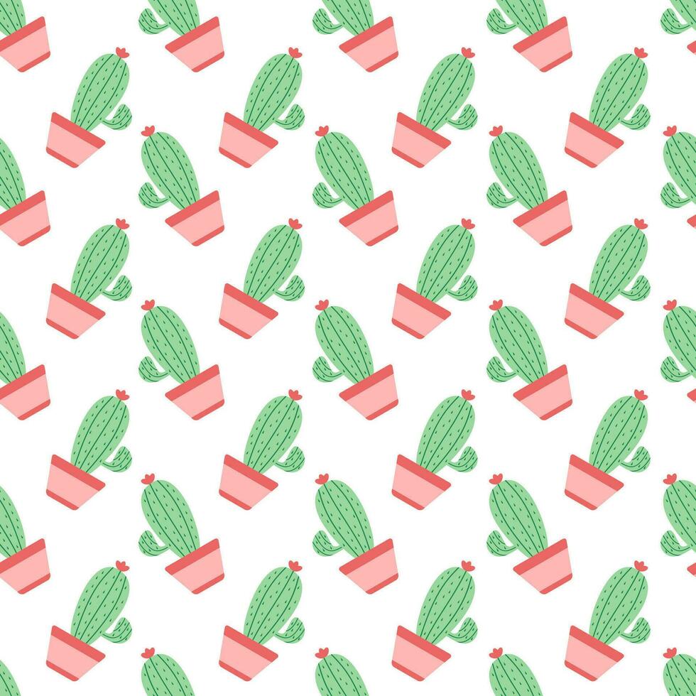 Seamless pattern with pink and green potted cactus on white background vector