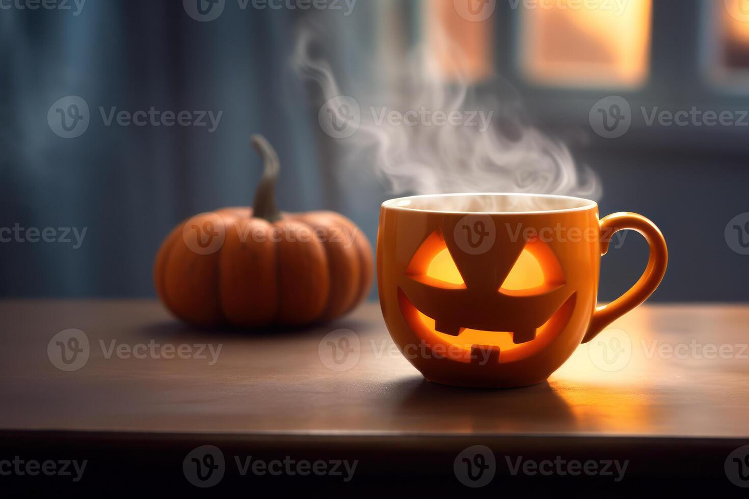 Halloween coffee pumpkin cup with a hot drink, and steam a festive banner for a cafe with a copy space. Generative Ai. photo