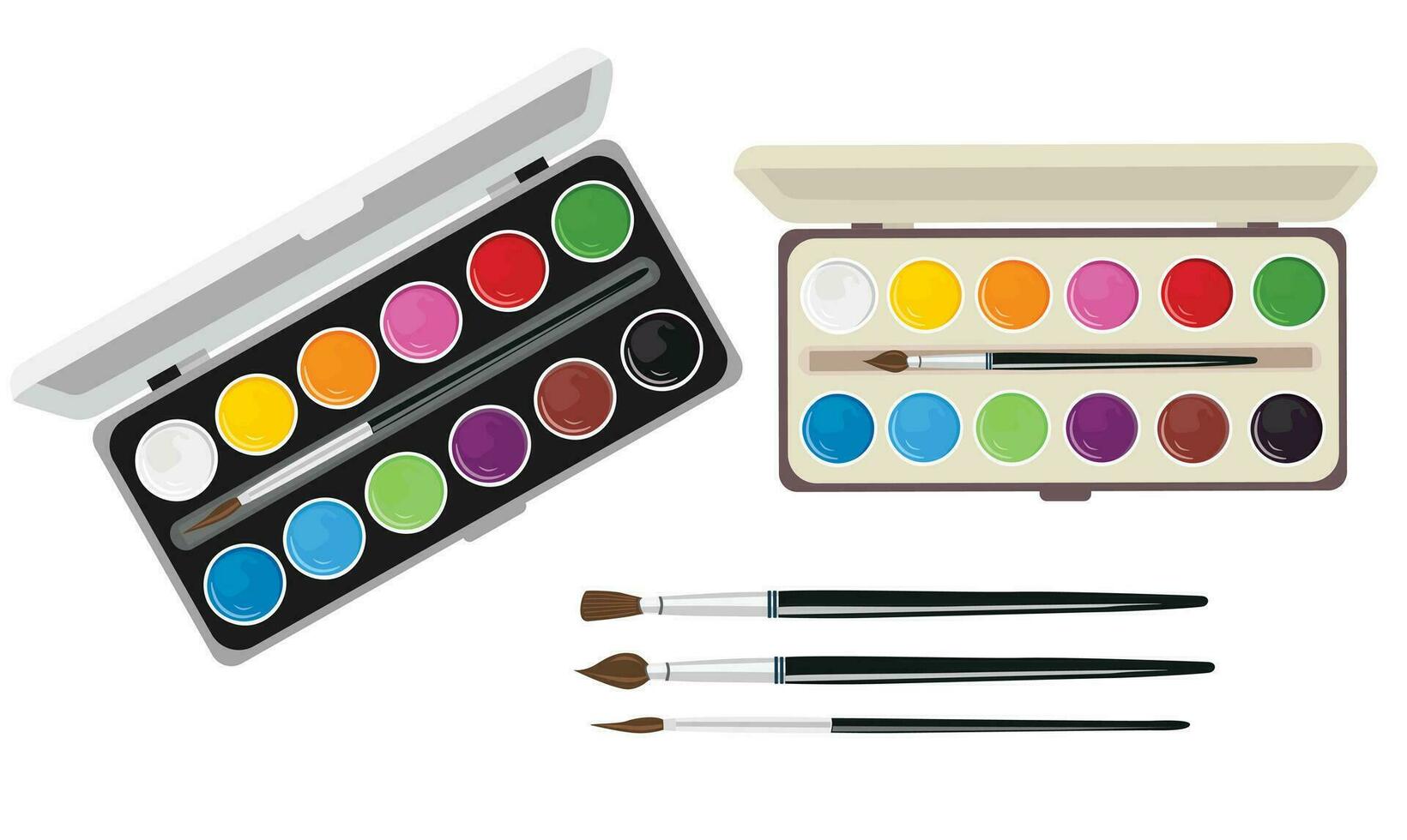 Watercolor paint box with paint brushes vector illustration. Watercolor paint box with colorful round paint pots. Back to school concept. School supplies collection.  Art concept. Cartoon style.
