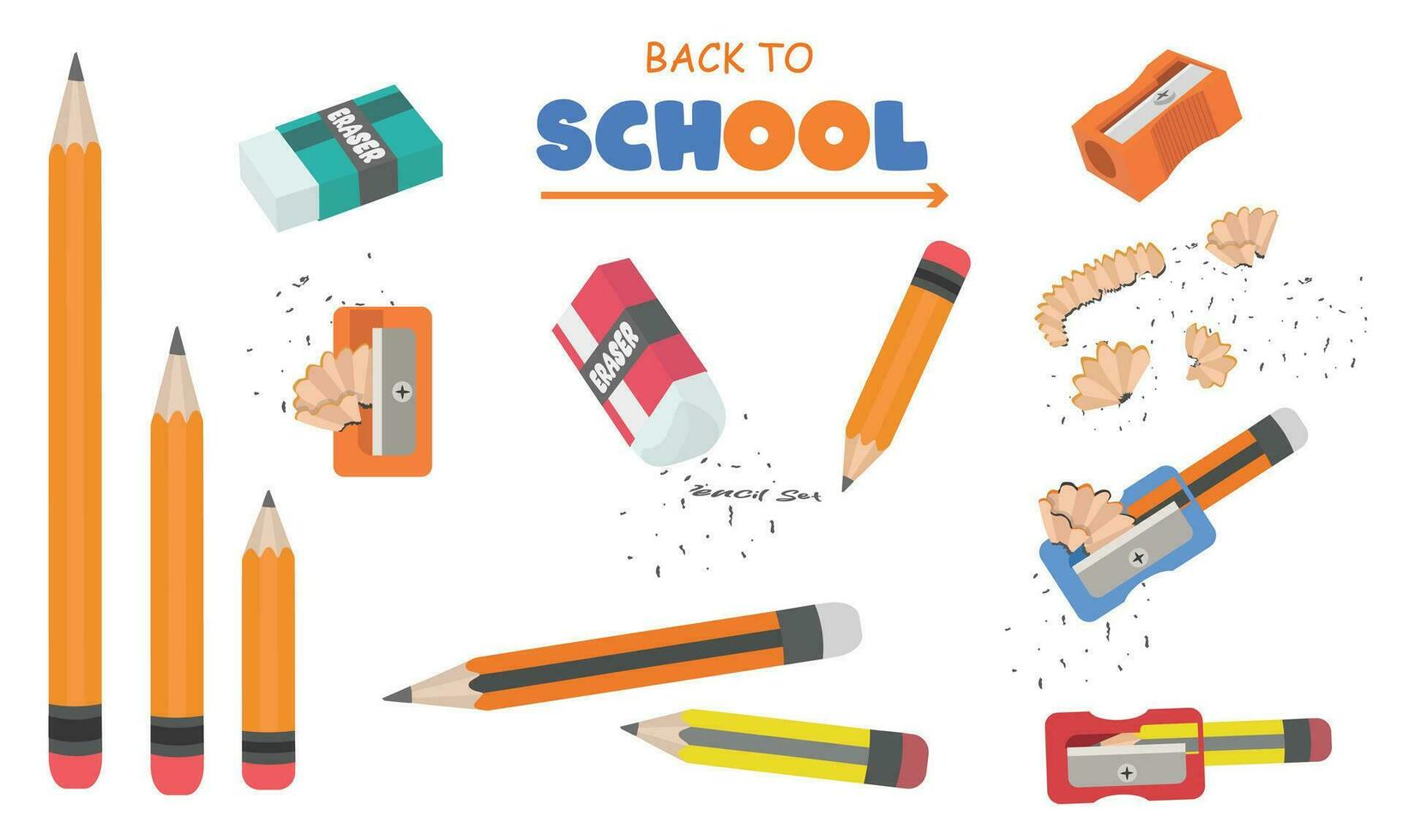 Back to school vector set. Stationery collection. School supplies vector illustration. Pencil, eraser, pencil sharpener, pencil shavings, pencil waste. Flat vector in cartoon style.