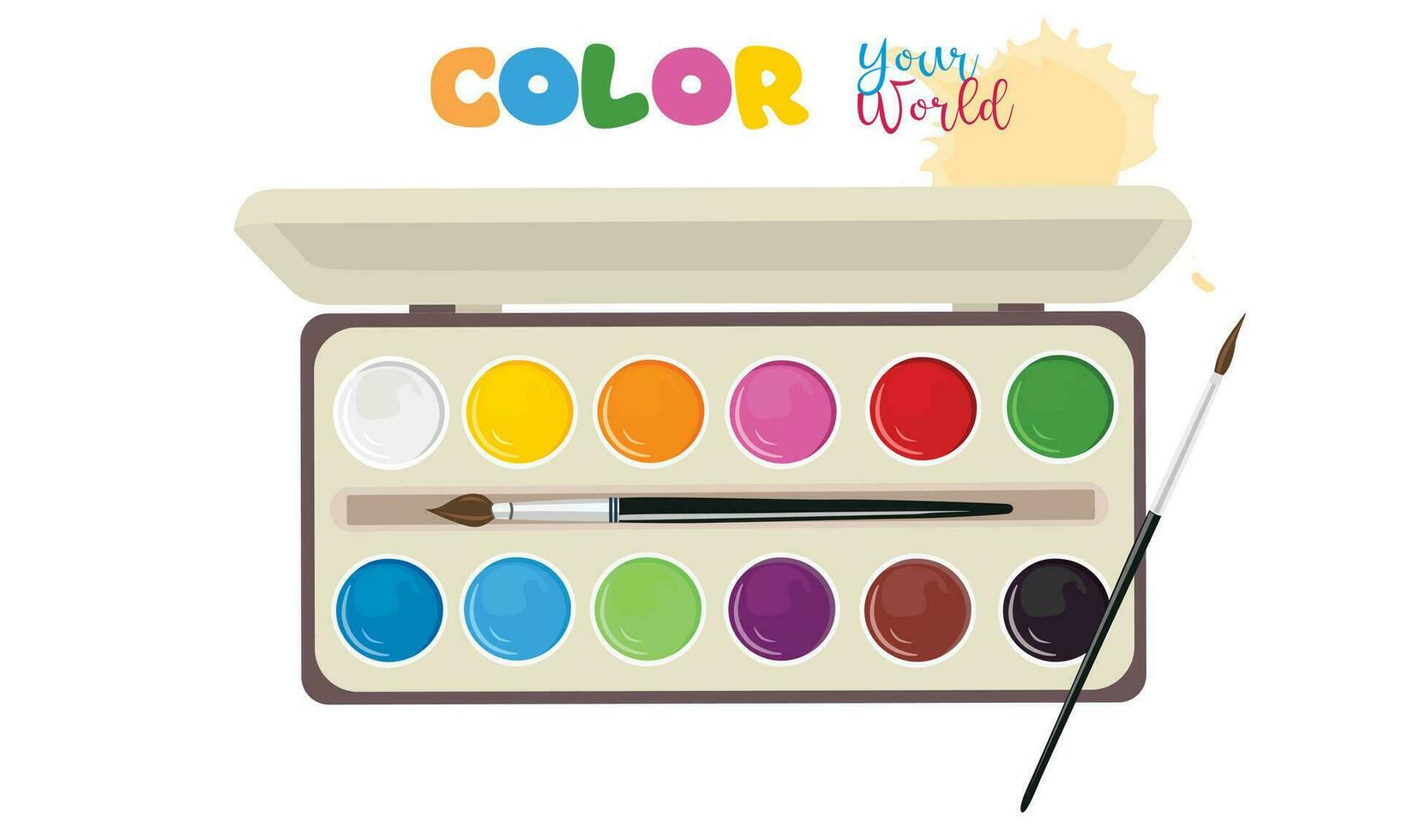 Watercolor paint box with paint brushes vector illustration. Watercolor paint box with colorful round paint pots. Back to school concept. School supplies collection.  Art concept. Cartoon style.