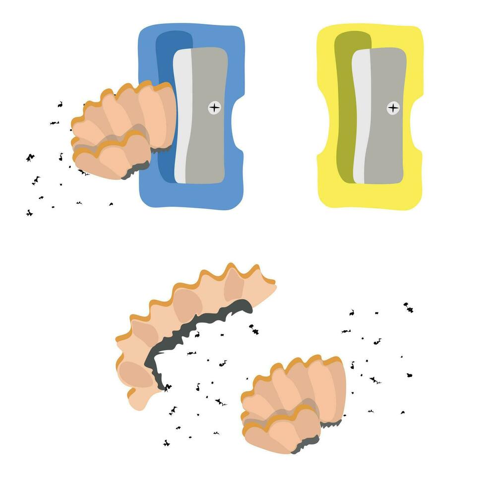 Pencil sharpener vector set. Object with a blade inside to make a pencil sharp. Pencil shavings. Pencil waste. Back to school concept. School supplies vector. Flat vector in cartoon doodle style.