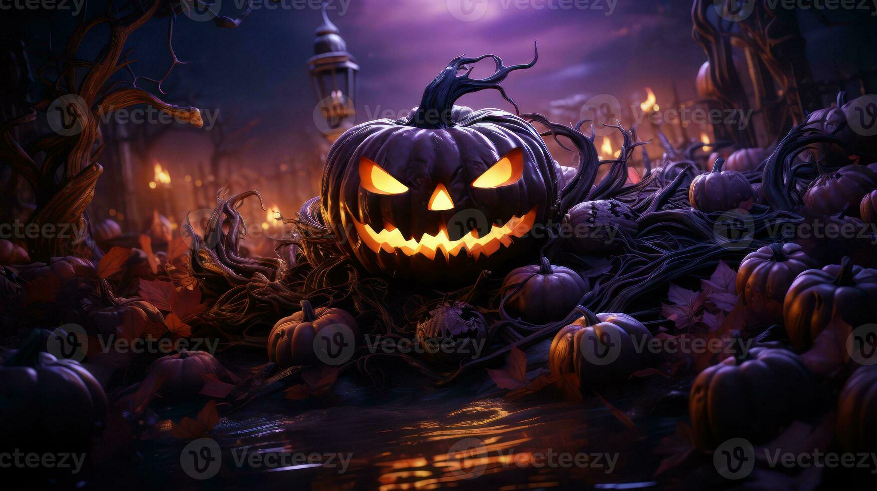 Halloween pumpkins in the graveyard on the spooky Night. Halloween background concept. Generative Ai. photo