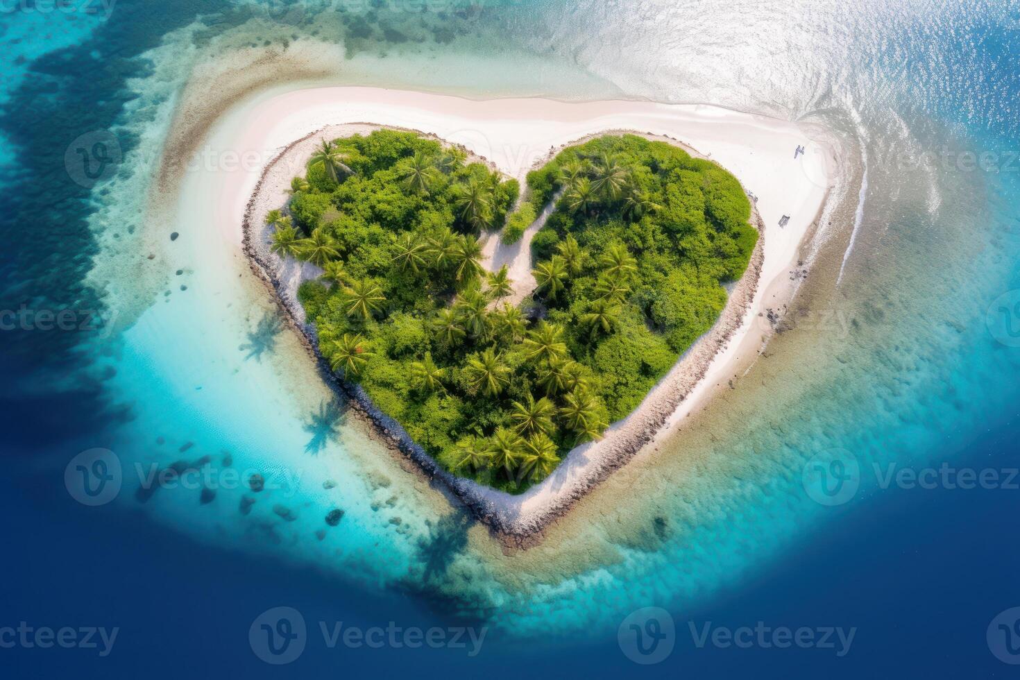 Tropical island in the shape of heart. Aerial view. 3D illustration. Generative Ai. photo