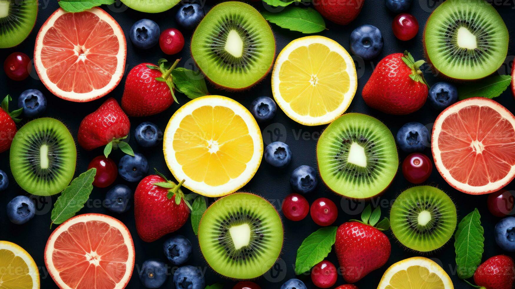 Bright background with kiwi fruit, grapefruit and oranges. Generative Ai. photo