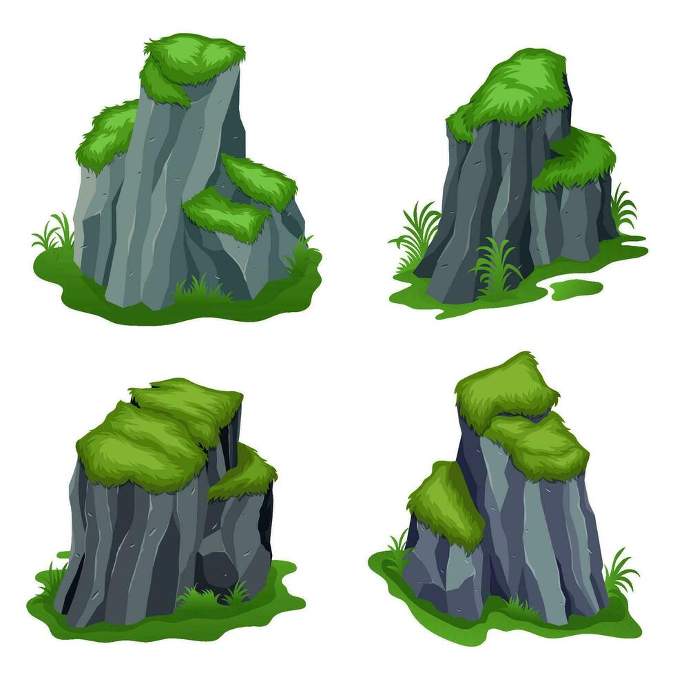 Set of Isometric Rock With Grass In Different Size And Texture vector