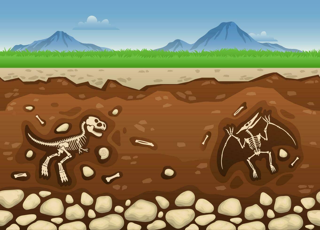 Underground Layers With Dinosaur Bones And Fossil Skeletons, Seamless Vector