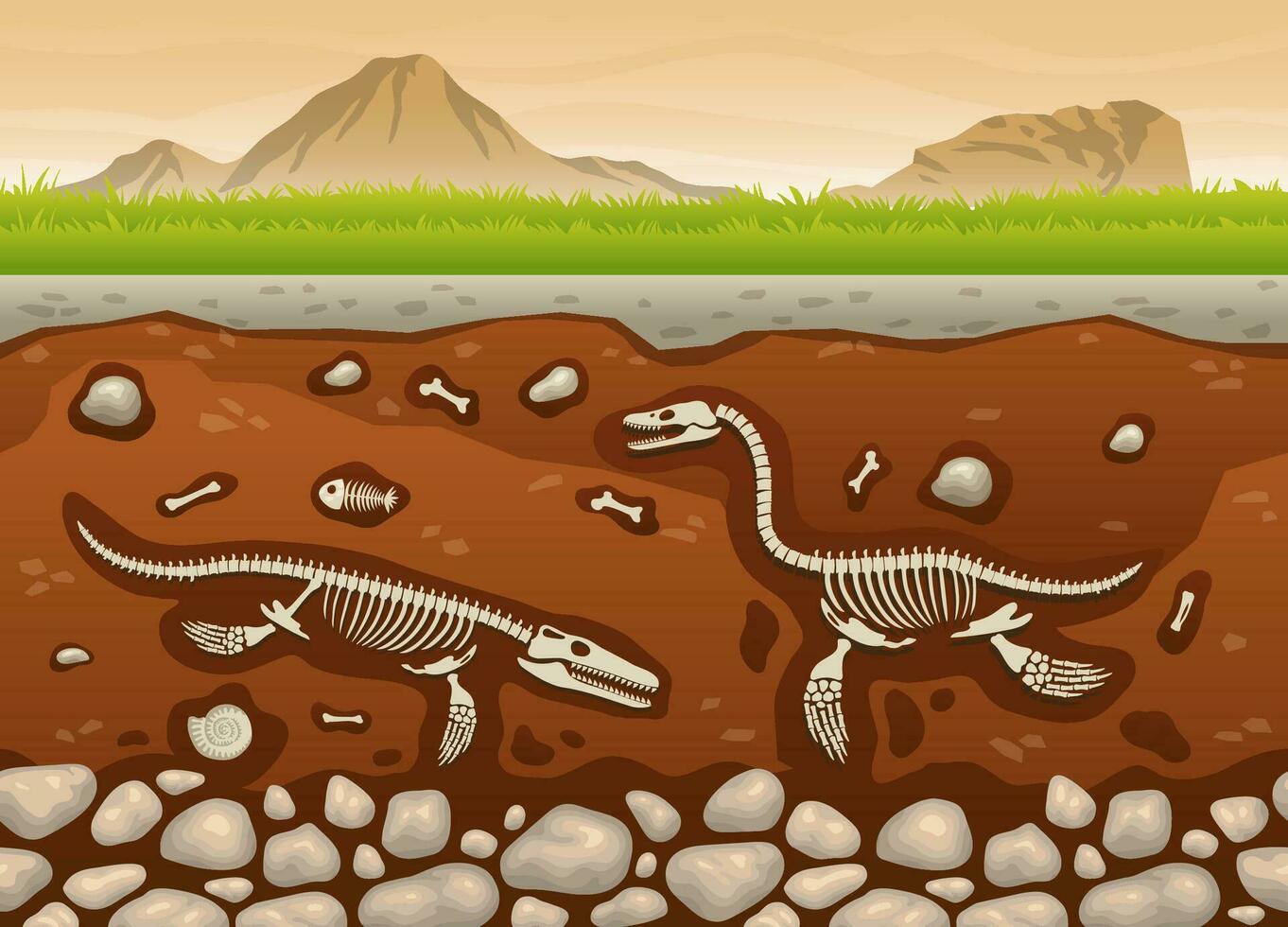 suelo subterráneo capas con dinosaurio fósil paleontología excavaciones dibujos animados vector