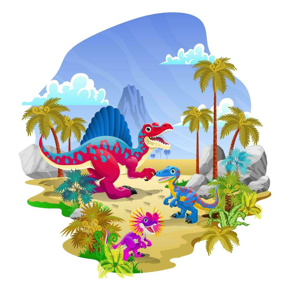Cheerful Happy of Dinosaurs Group in the Nature vector