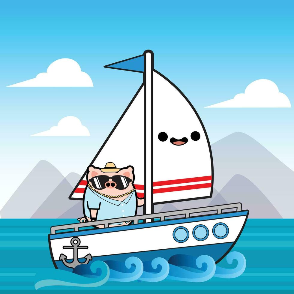 cerdo en barco dibujos animados personaje gratis digital Arte vector