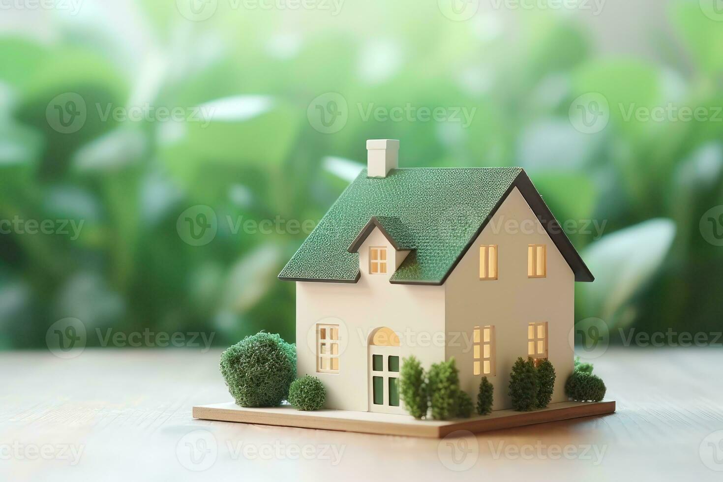 House model with blur nature background, money, saving and investment or family planning concept. Generative Ai. photo