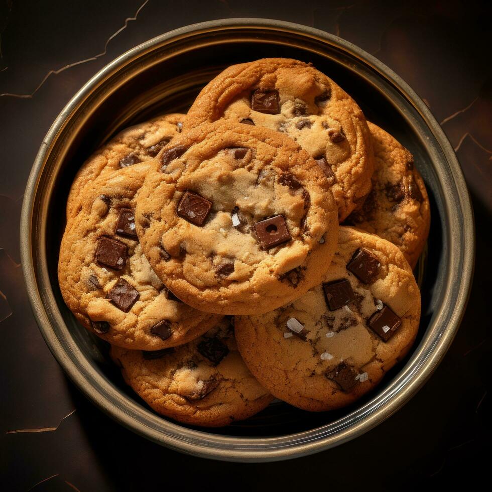 dulce sabroso galletas con chocolate papas fritas en el mesa. generativo ai. foto