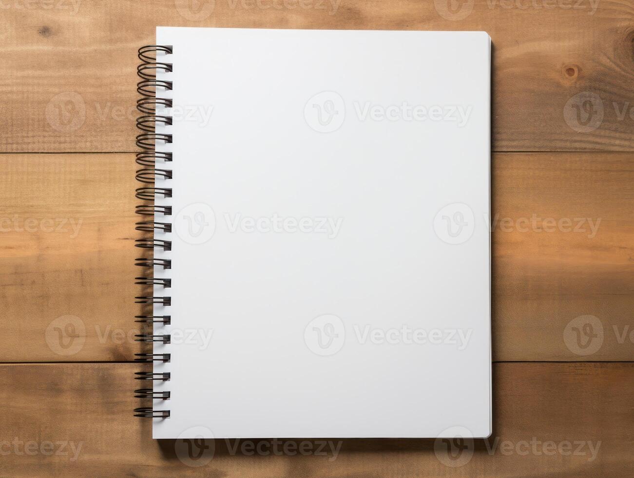 parte superior ver de espiral cuaderno con lápiz en de madera mesa. emtry página para texto. generativo ai. foto