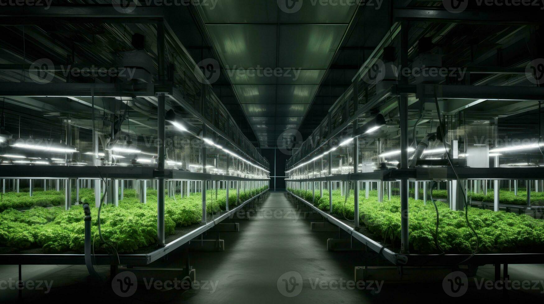 Hydroponic indoor vegetable plant factory in exhibition space warehouse. Interior of the farm hydroponics. Green salad farm. Lettuce Roman growing in greenhouse with led lightning. Generative Ai. photo