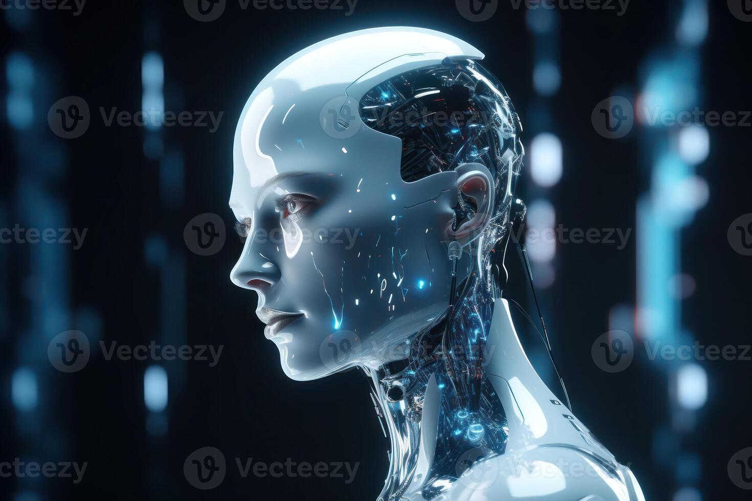 humanoid robot on white isolated. data network connection background. . photo