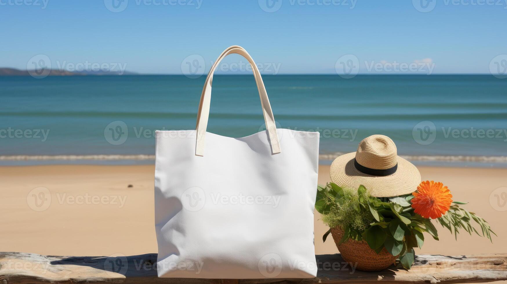 White tote bag canvas fabric. Cloth shopping sack mockup. Generative Ai. photo