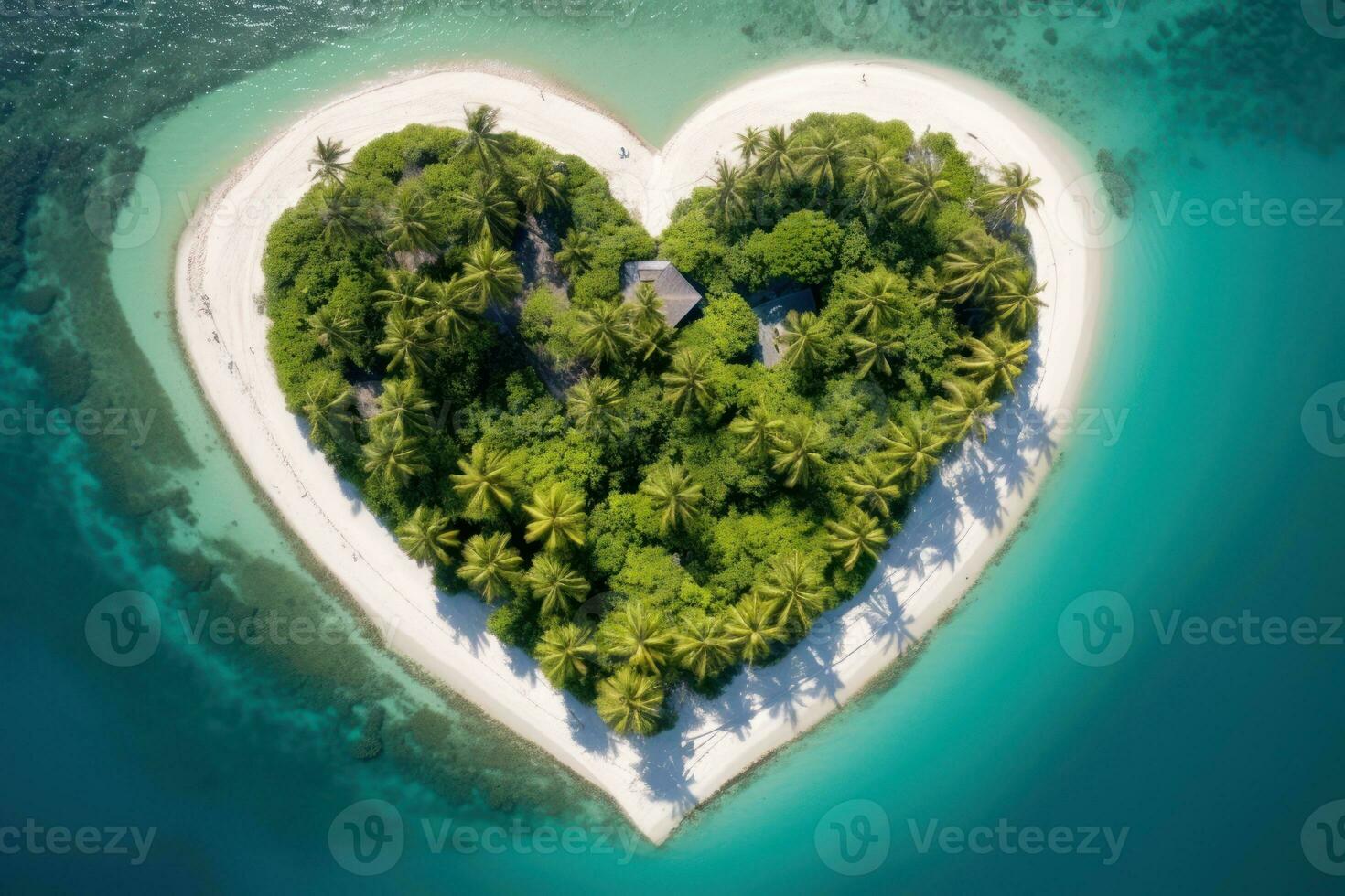 Tropical island in the shape of heart. Aerial view. 3D illustration. Generative Ai. photo