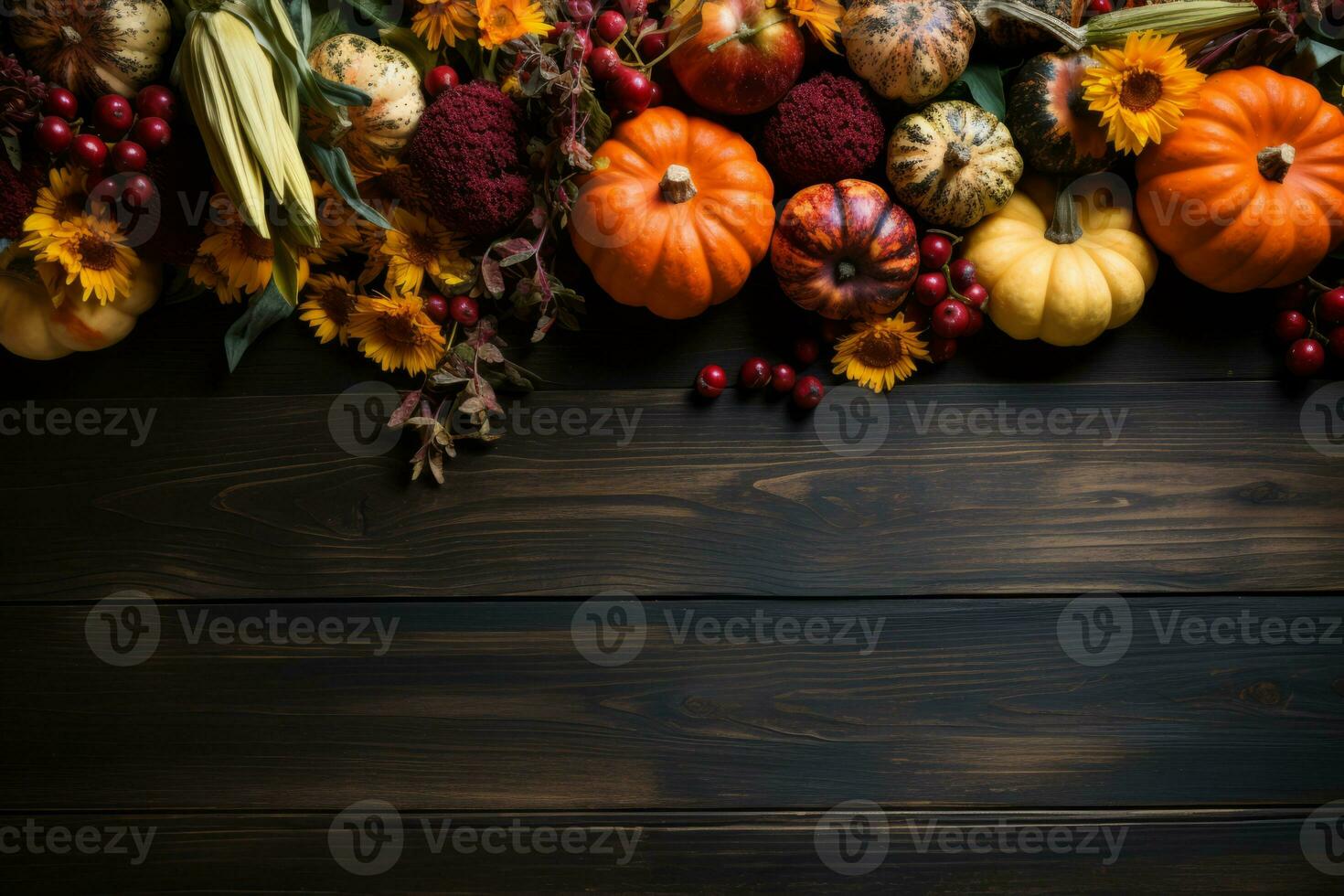 Top view pumpkins, gourds on wooden table. Thankgiving Day banner design. photo