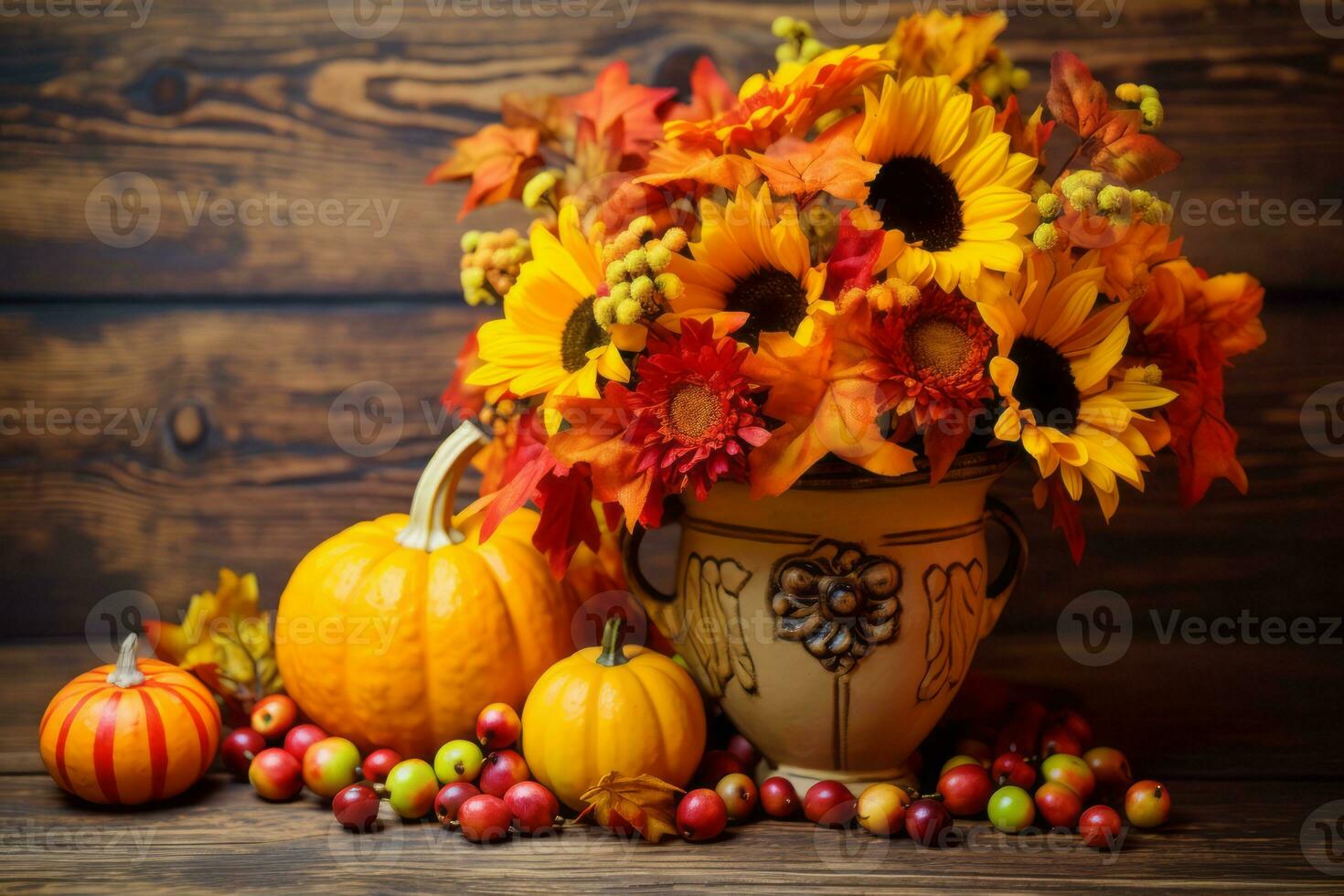 Thanksgiving in vase decor with pumpkins, sunflowers. photo