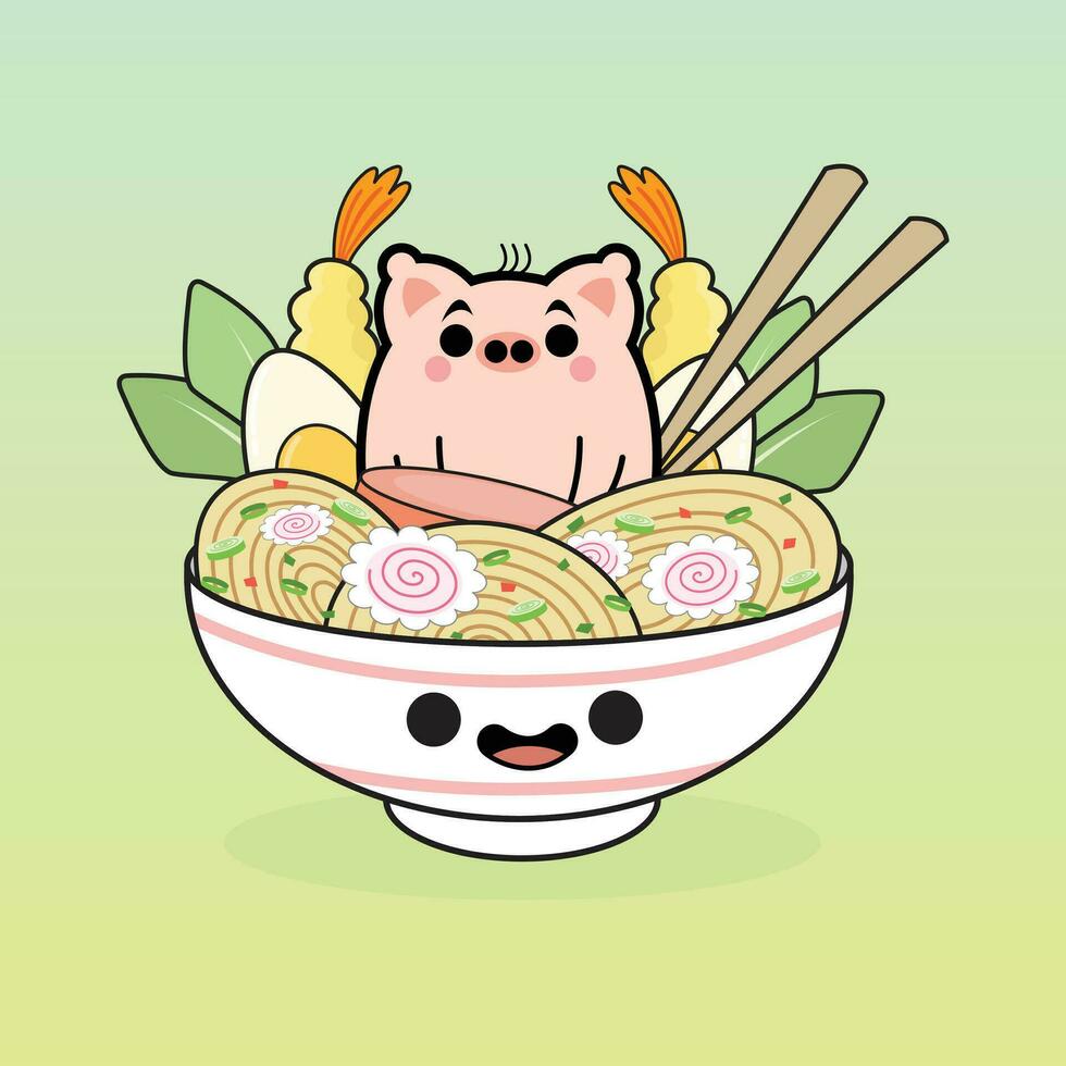 Pig with Ramen Cartoon Character Free vector Illustrations