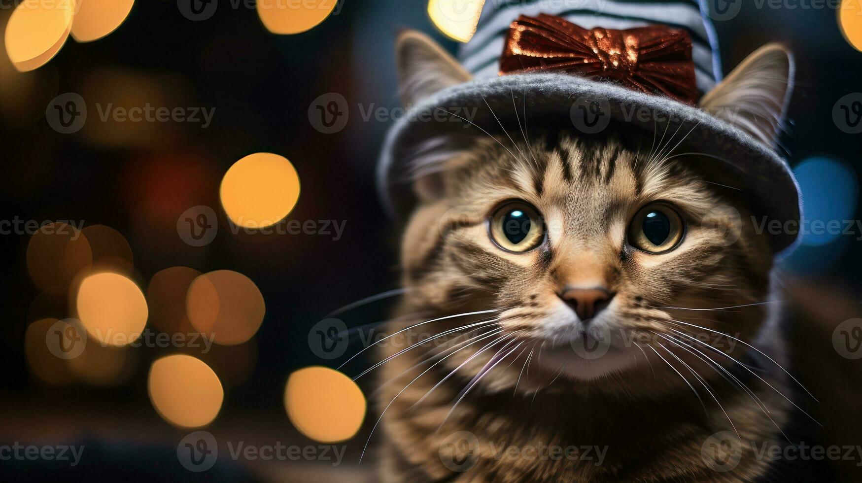 Close-up portrait of a cute cat in a red Santa Claus hat among burning lights on the background of a winter snowy landscape. New year party. Snowflakes in the air. Generative Ai. photo