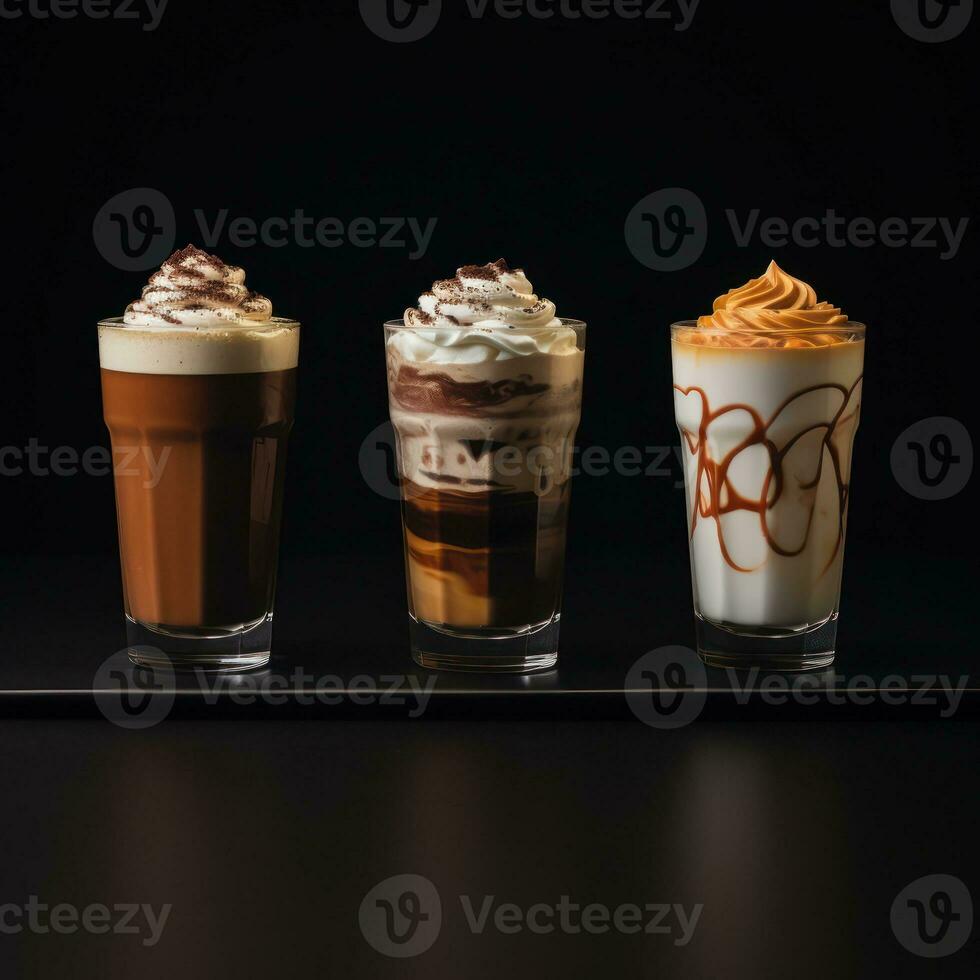 Tasty ice coffee with milk , cold drink in glass on dark background.Genrative Ai. photo