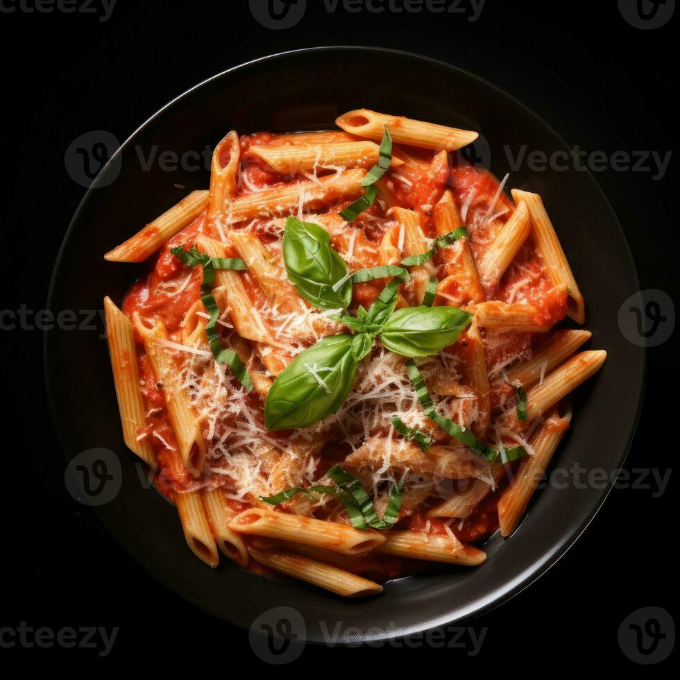 Top view Italian penne pasta in creamy vodka tomato sauce with crumbled sausage and mushrooms on the kitchen table. Generative Ai. photo