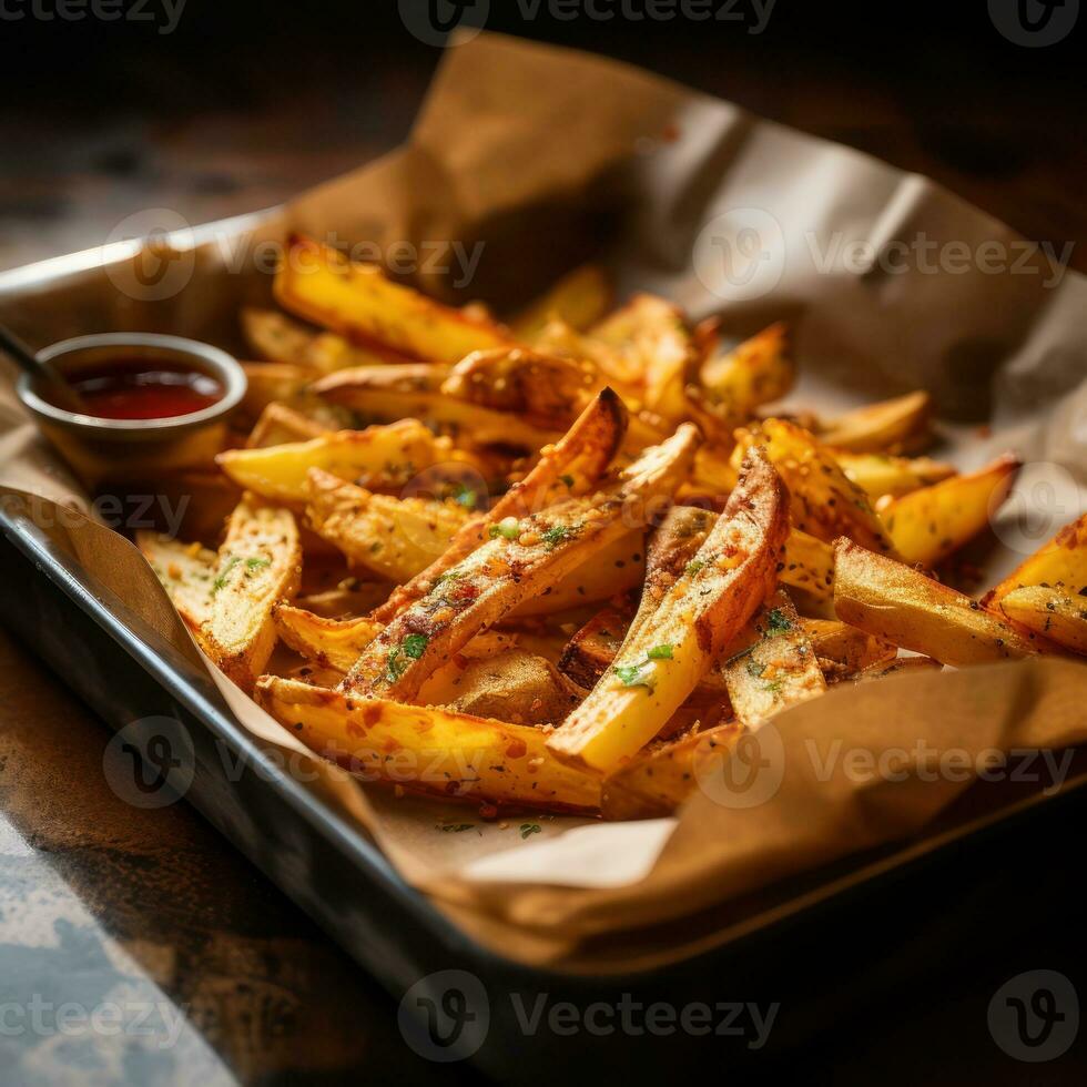 Potato wedges, oven roasted with rosemary, in a baking tray on a dark rustic wooden background, shot from above. Generative Ai. photo