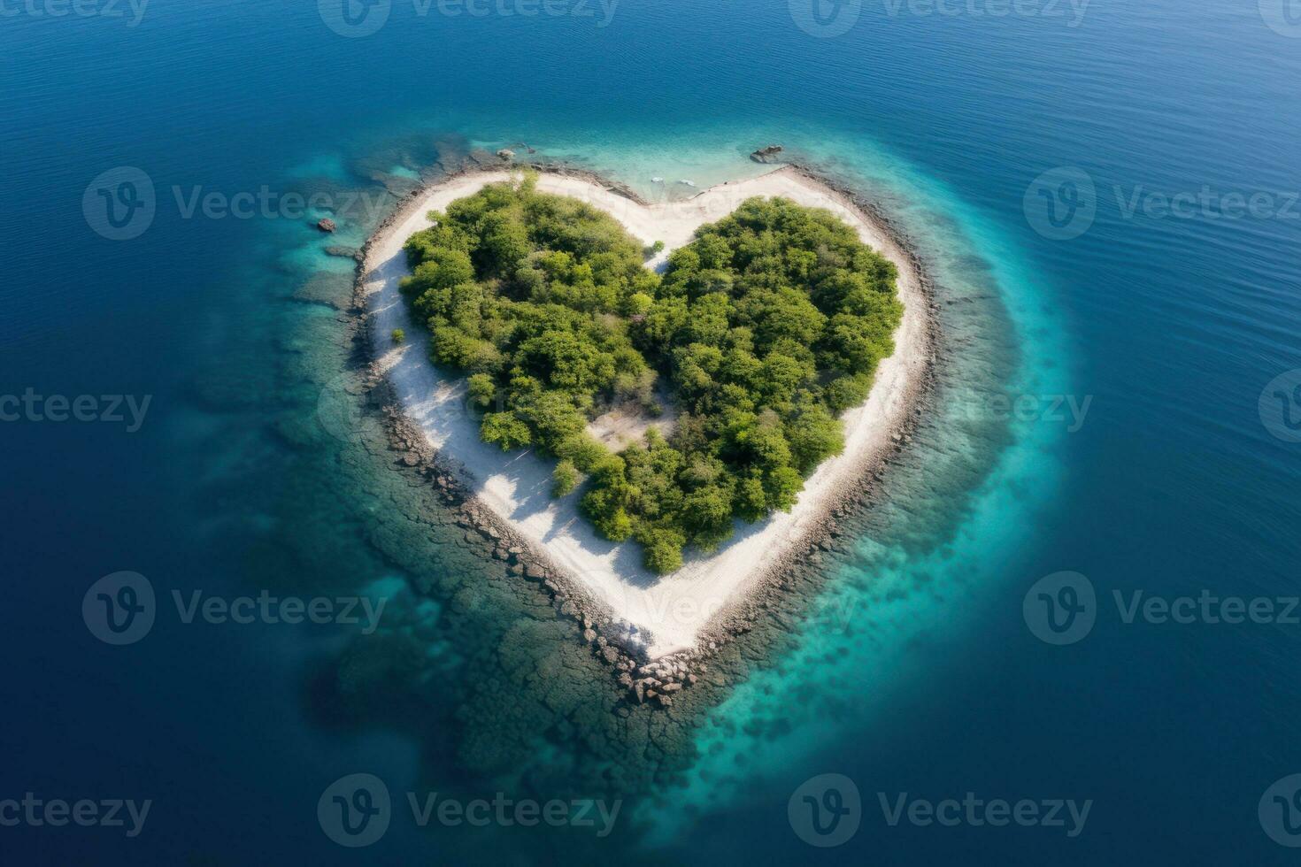 Tropical island in the shape of heart. Aerial view. 3D illustration. Generative Ai. photo