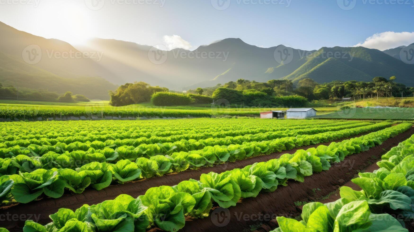 Agricultural industry. Growing salad lettuce on field. Generative Ai. photo