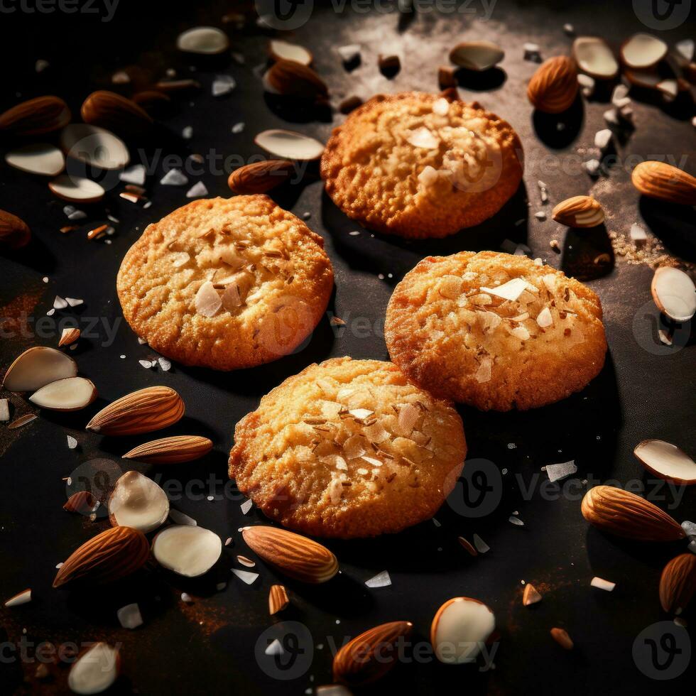 Sweet almond cookies on black wooden table. Black background. Top view. Generative Ai. photo