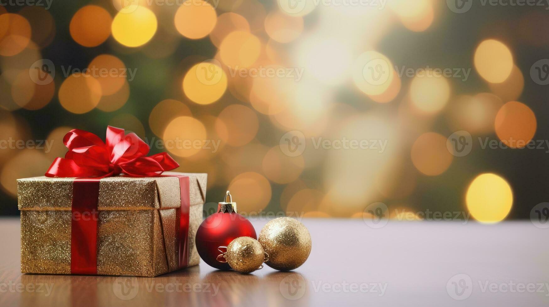 Navidad regalo o presente caja, Nevado abeto árbol y fiesta decoración en contra bokeh antecedentes. nuevo año saludo tarjeta. generativo ai. foto