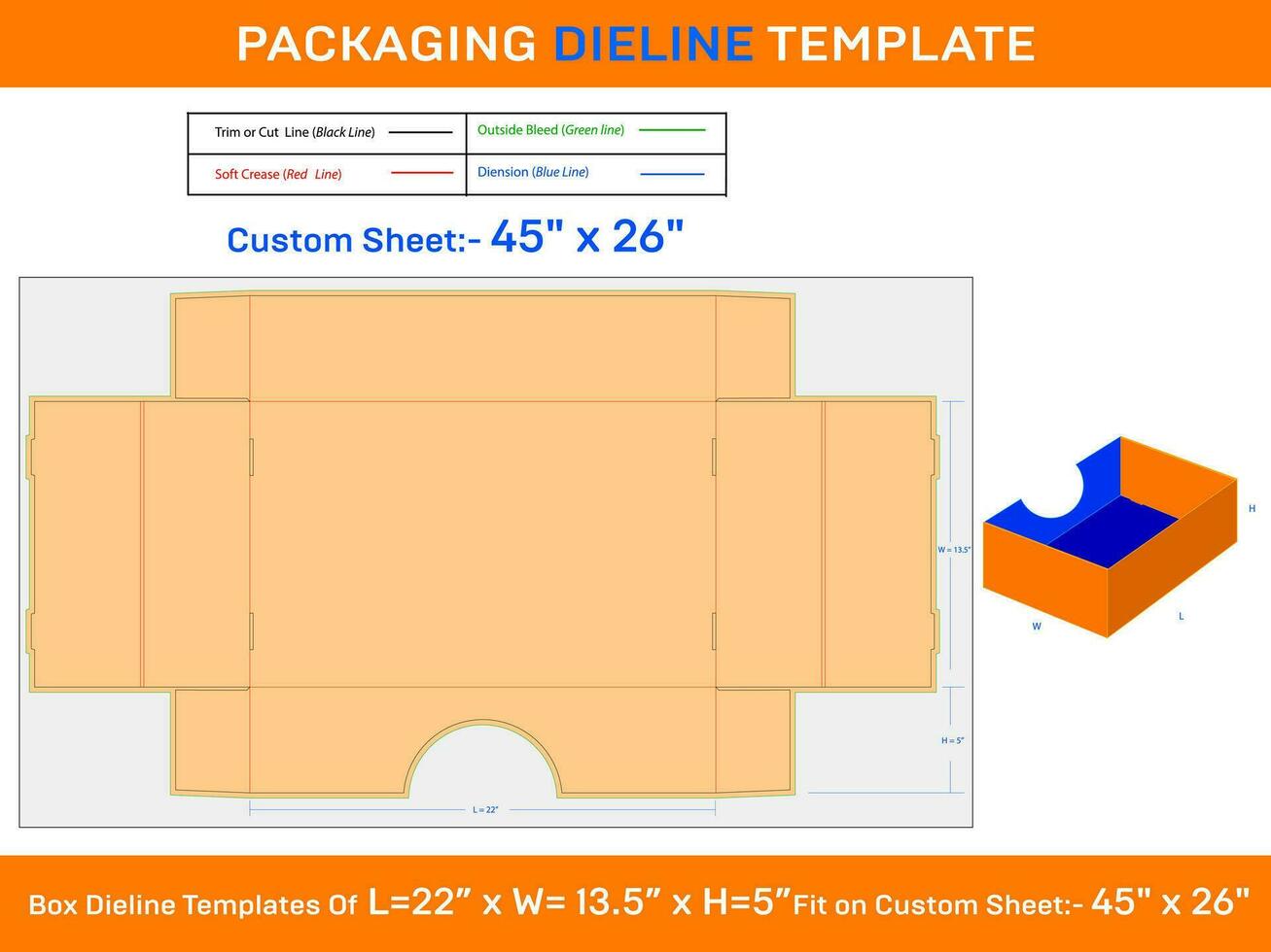 22x13.5x5 inch Standard Tray Box Dieline Template vector