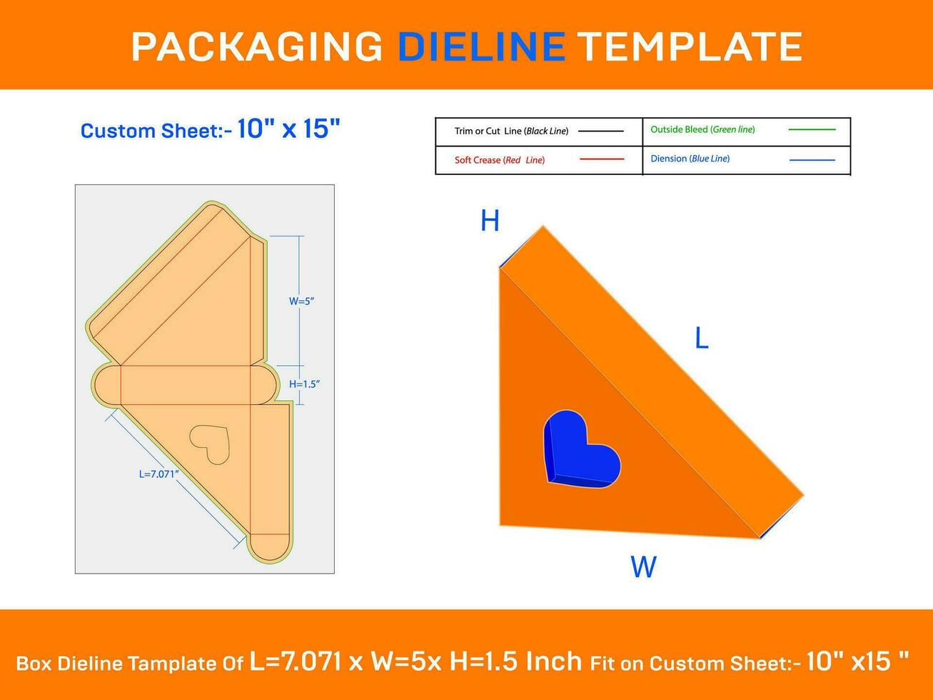 Triangel Heart Display Gift Box Dieline 7.071x5x1.5 inch vector