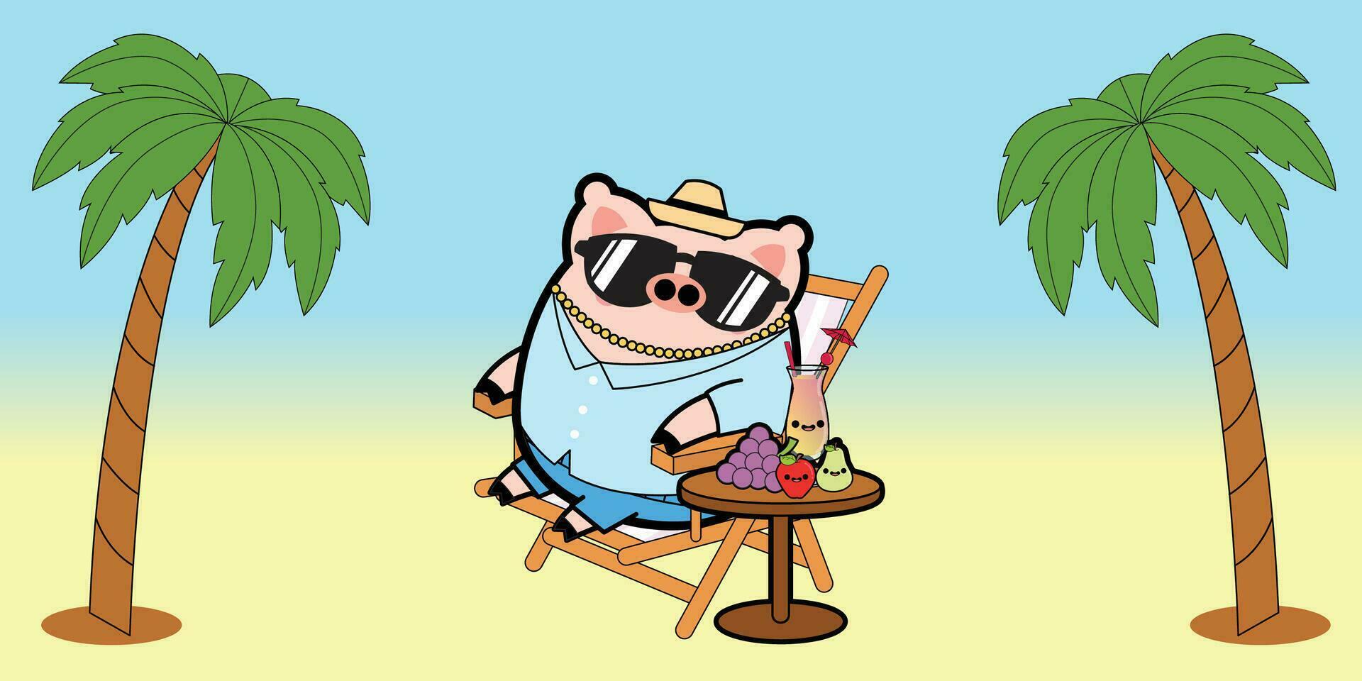 cerdo en playa dibujos animados personaje gratis vector ilustraciones