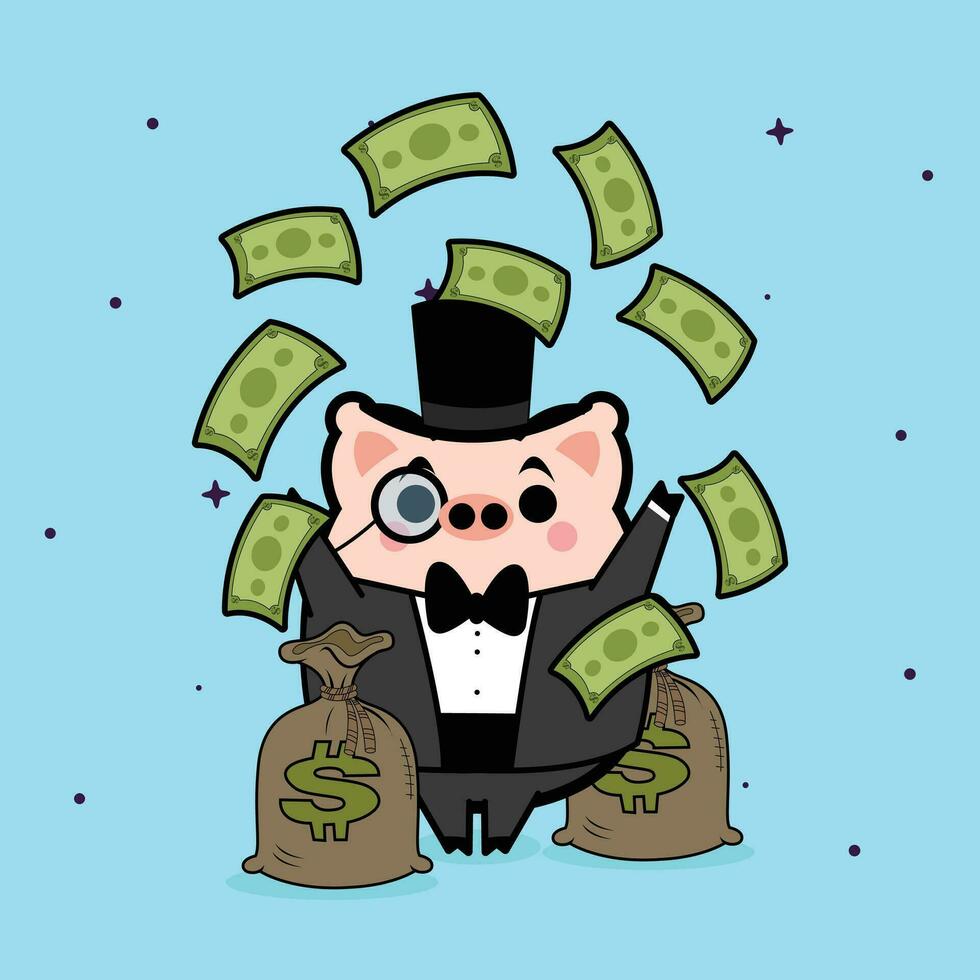Rico cerdo con dólar gratis dibujos animados personaje vector