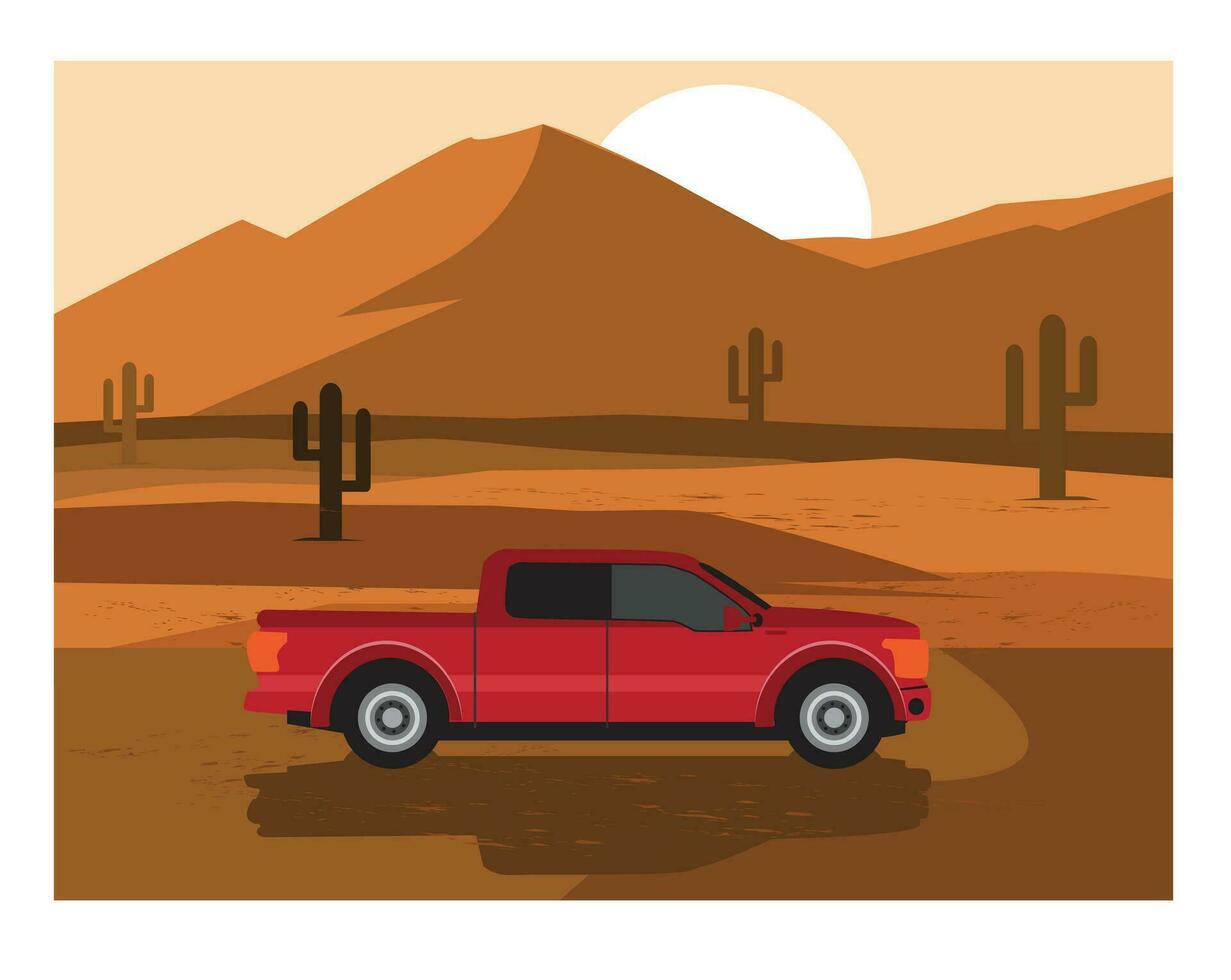 car on the desert, cartoon illustration vector