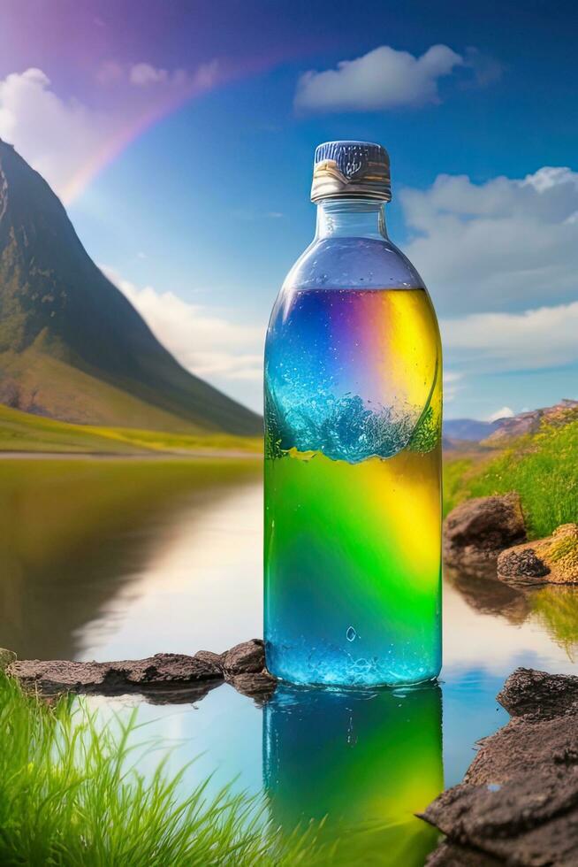 Bottle of water with rainbow on the background. Iceland, Europe. photo