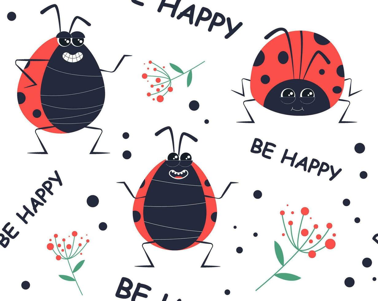 Cute ladybug character. Seamless background. Cartoon little ladybug