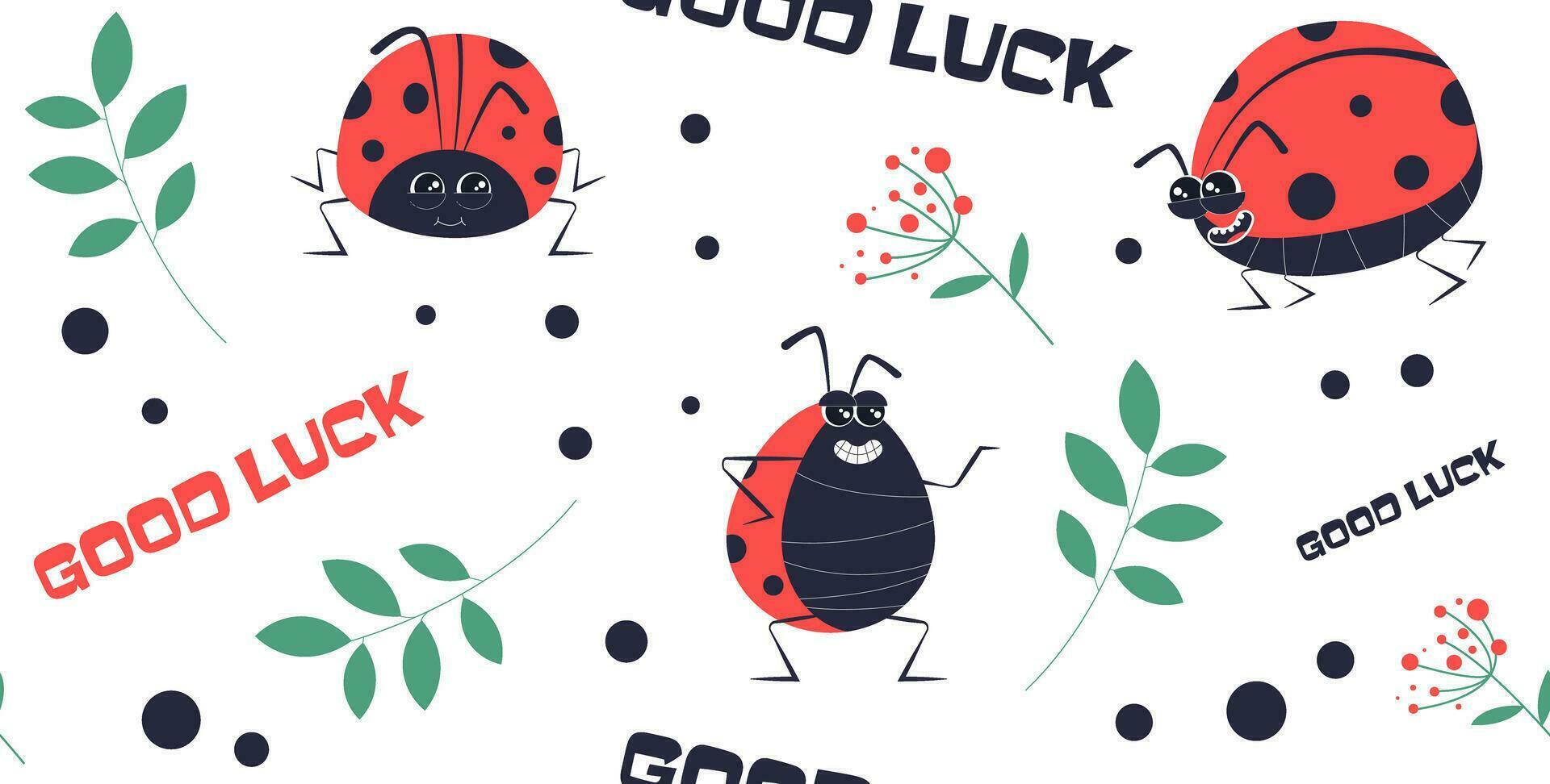 Cute ladybug character. Seamless background. Cartoon little ladybug mascot. Funny children's drawing. Vector drawing on a white isolated background.