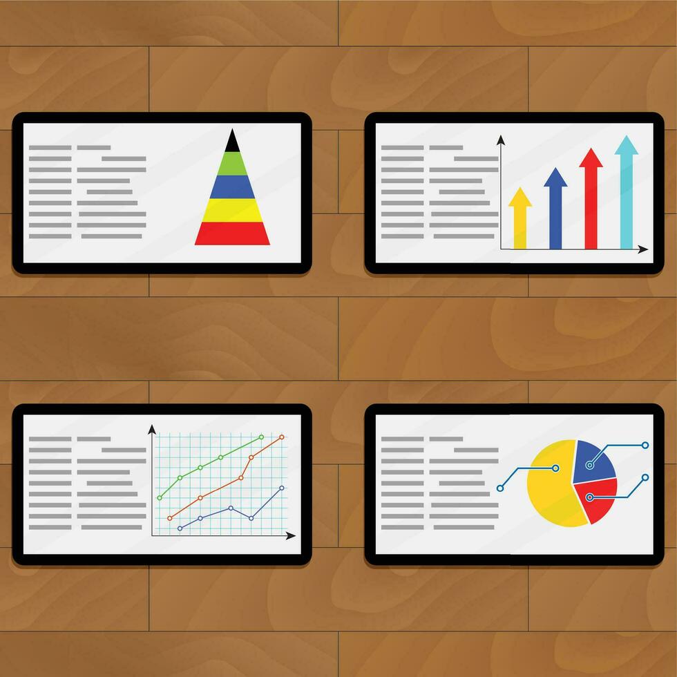 Set of tablets with color chart, vector economy graph rate and diagram illustration