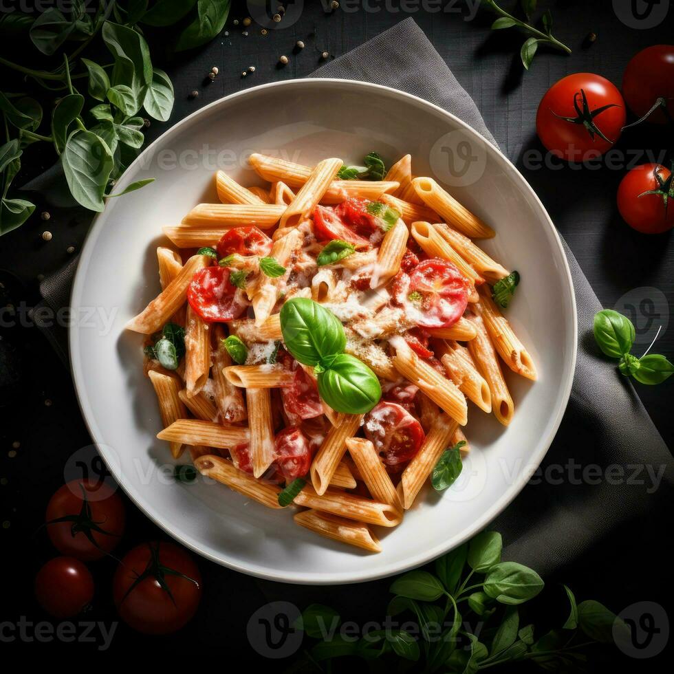 Top view Italian penne pasta in creamy vodka tomato sauce with crumbled sausage and mushrooms on the kitchen table. Generative Ai. photo