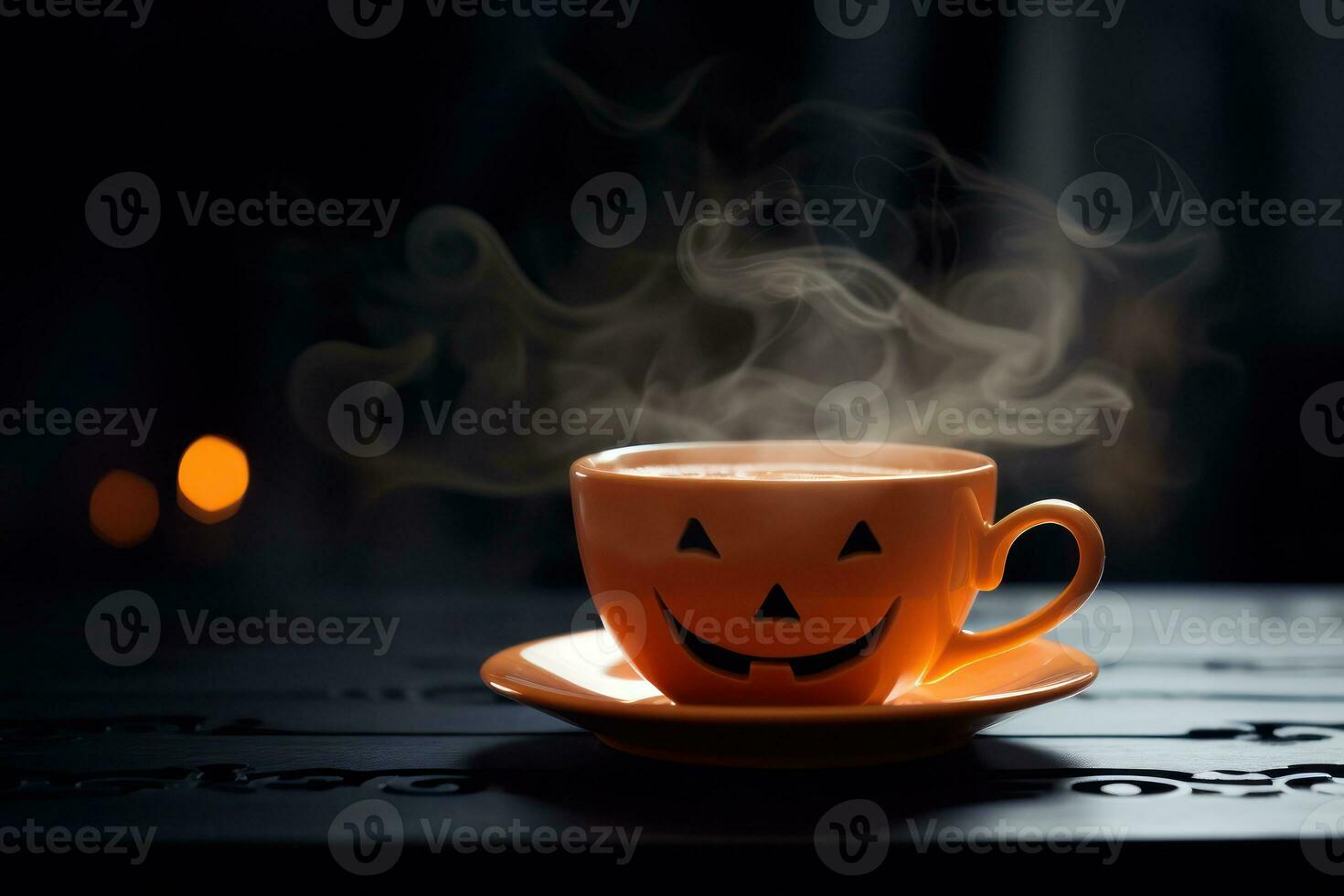 Halloween coffee, pumpkin cup with a hot drink and steam on a black scary background, a festive banner for a cafe with a copy space. Generative Ai. photo