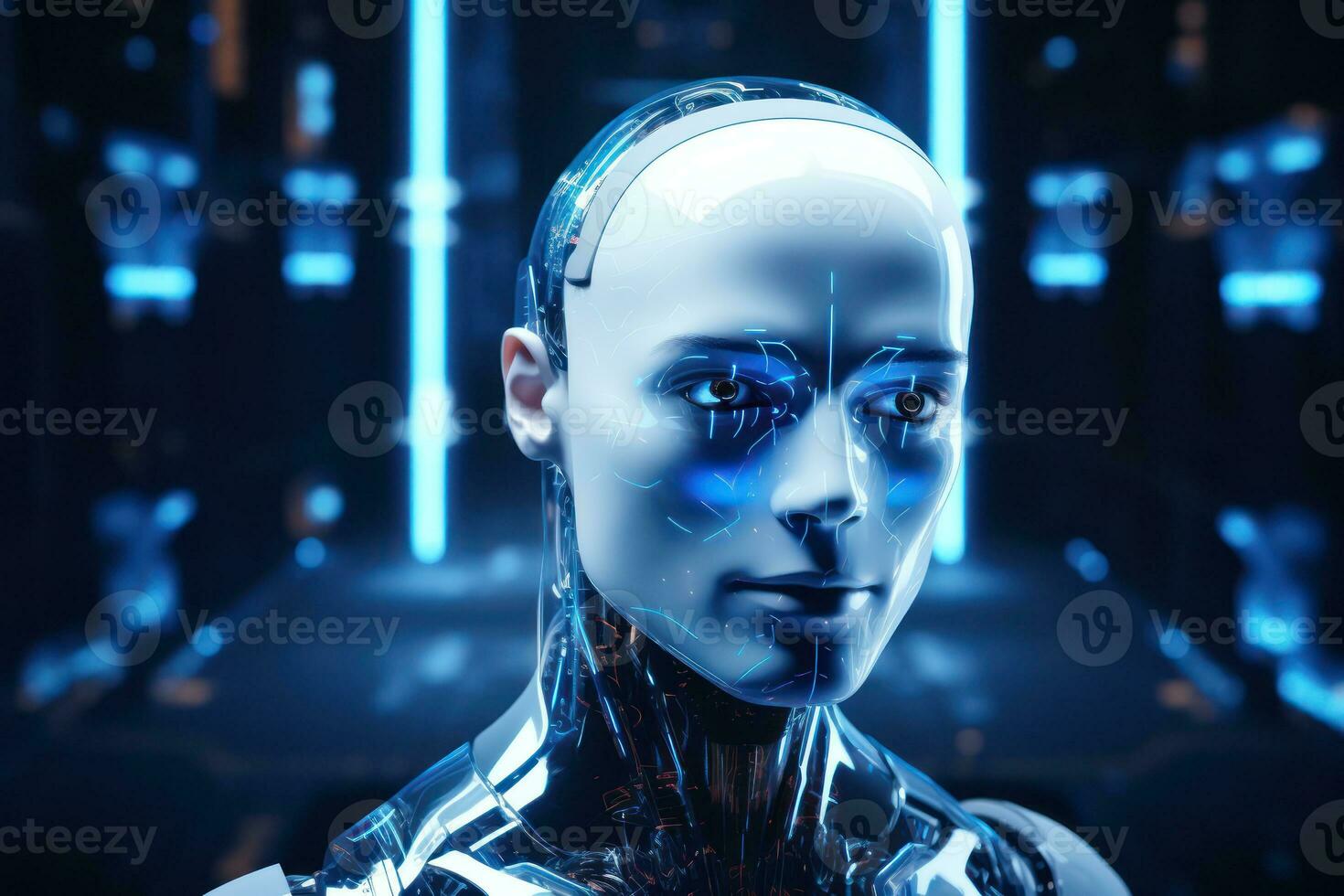 humanoid robot on white isolated. data network connection background. Generative Ai. photo