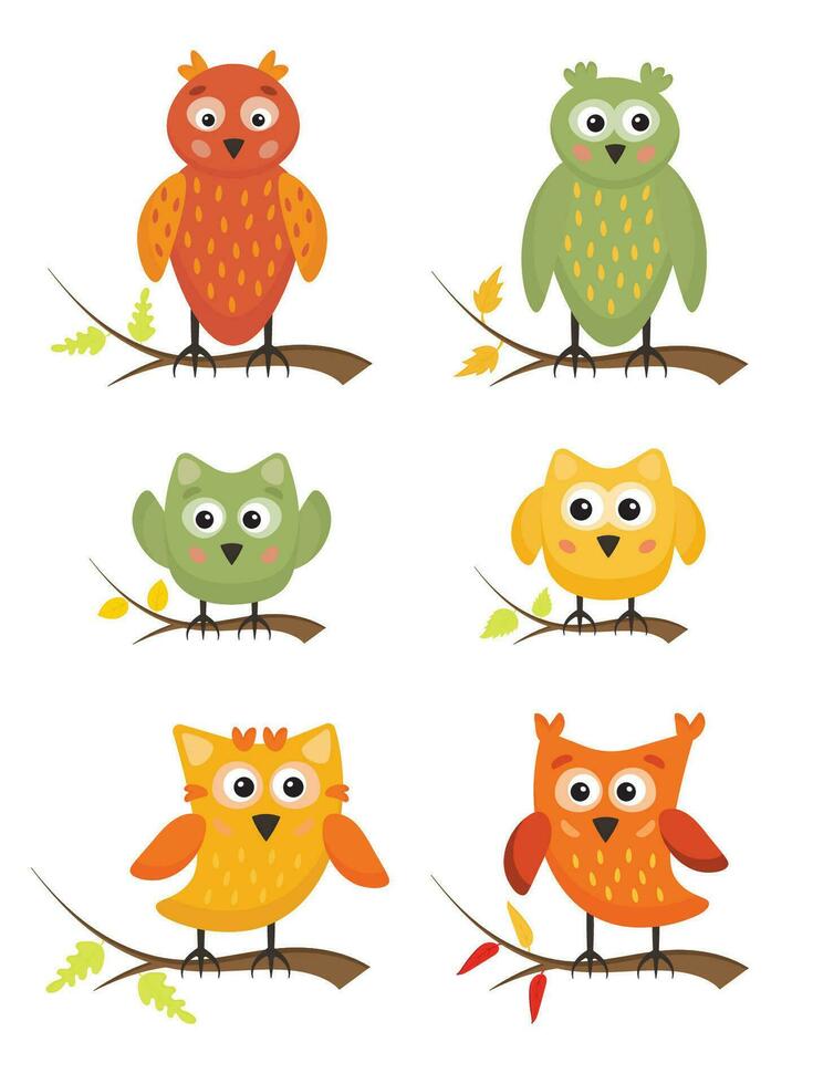 linda búhos colección de divertido, vistoso, simpático búho, alegre bosque o zoo aves, caracteres para niños. dibujos animados conjunto para tarjetas, invitación, fiesta atributos, huellas dactilares. vector