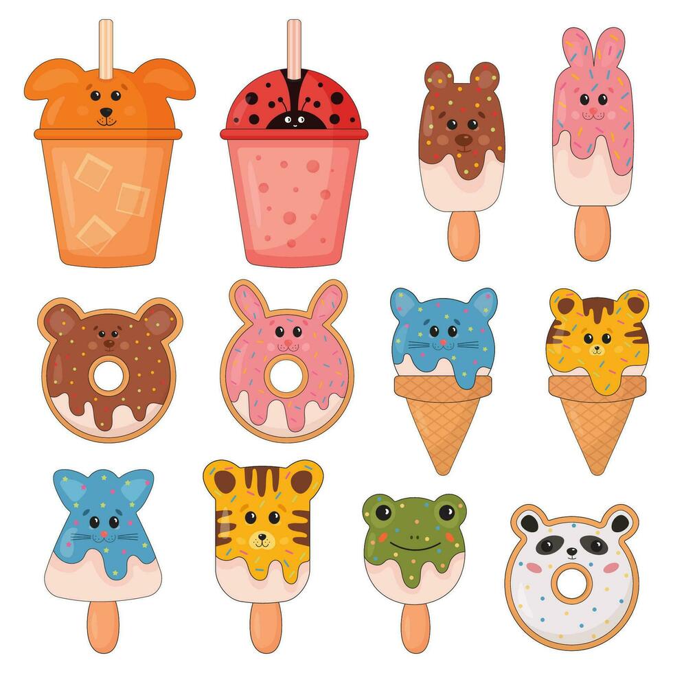 conjunto de linda animal conformado dulce postres en kawaii estilo, sonriente dulces hielo crema, rosquilla, cono, limonada, burbuja té. postre y dulce colección para camiseta imprimir, pegatinas, saludo tarjeta diseño. vector