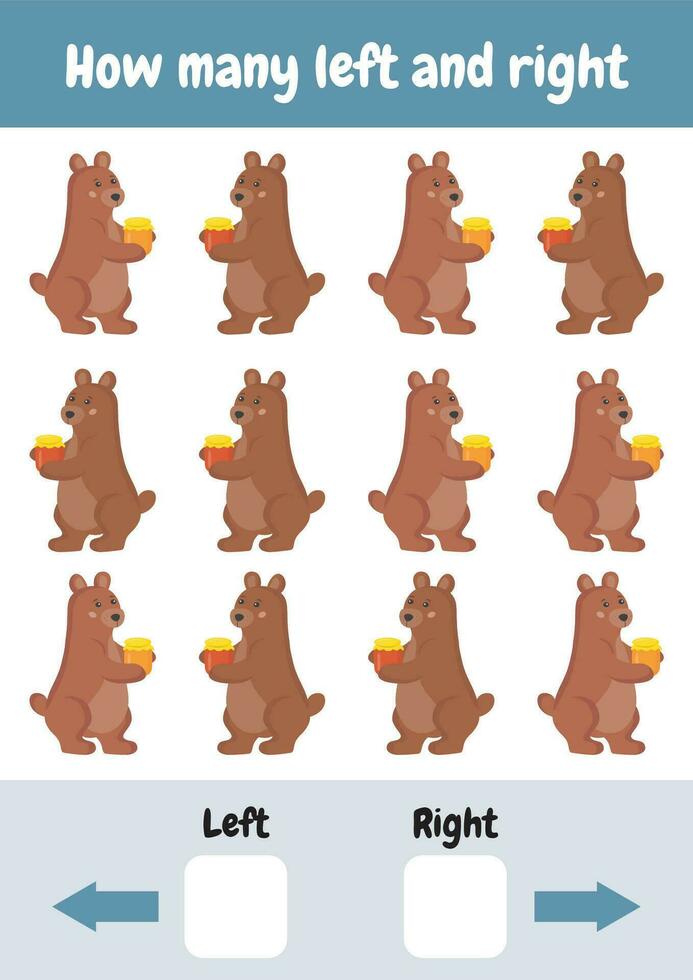 How many left and right. Count objects on the left and right sides. Printable Worksheets, logical games for kids. Early learning educational logical games for children for preschool, kindergarten. vector